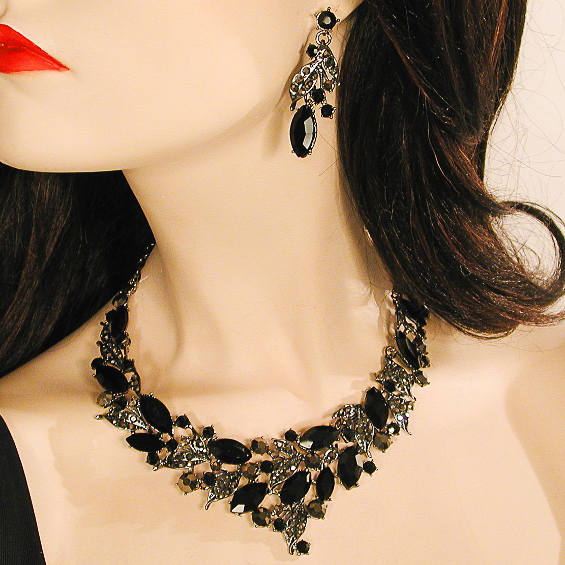 Large Swirled Bib Statement Crystal Rhinestone Necklace & Earring Set , a fashion accessorie - Evening Elegance