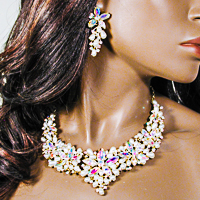 Large Statement Pearl Crystal Rhinestone Bib Necklace & Earring Set