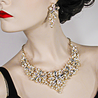 Large Statement Pearl Crystal Rhinestone Bib Necklace & Earring Set