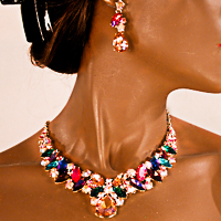 Multi Hue Large Crytal Rhinestone Bib Necklace & Earrings Set