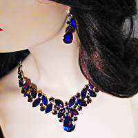 Multi Hue Large Crytal Rhinestone Bib Necklace & Earrings Set