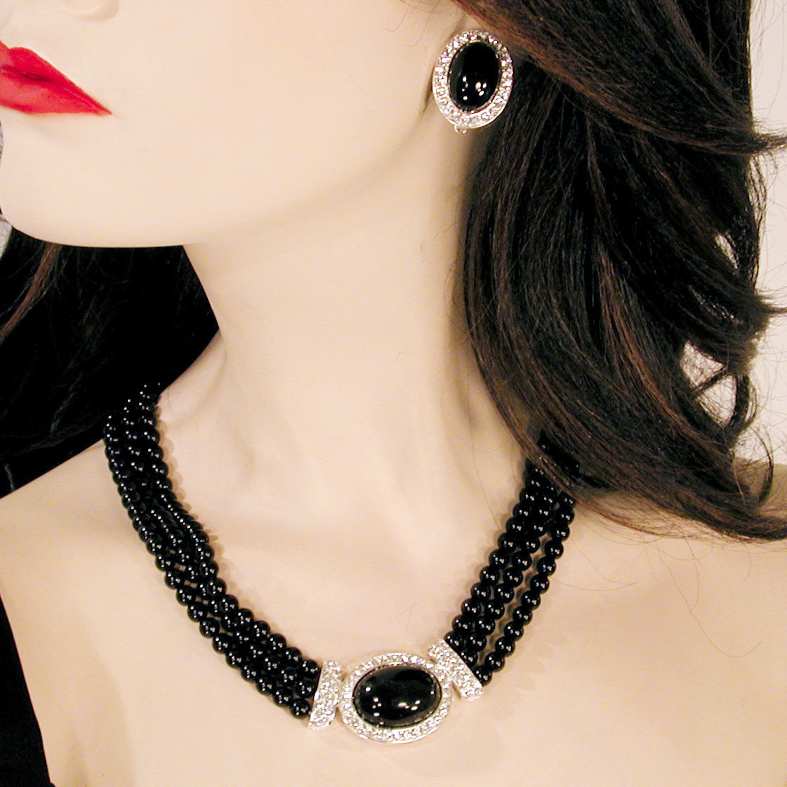 Three Strand Faux Pearl Necklace Clip Earrings Set