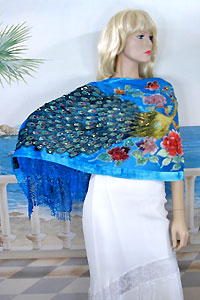 Beaded Oblong Velvet Burnout Shawl with Peacock Design