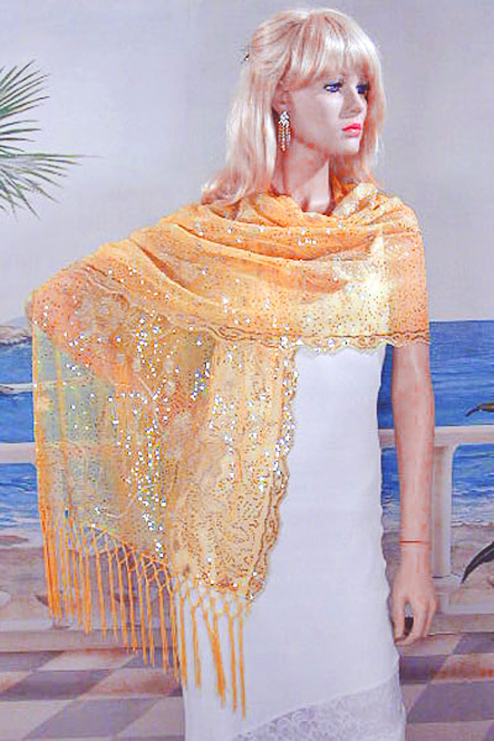 Sheer sequined Embroidered Oblong Shawl Wrap
