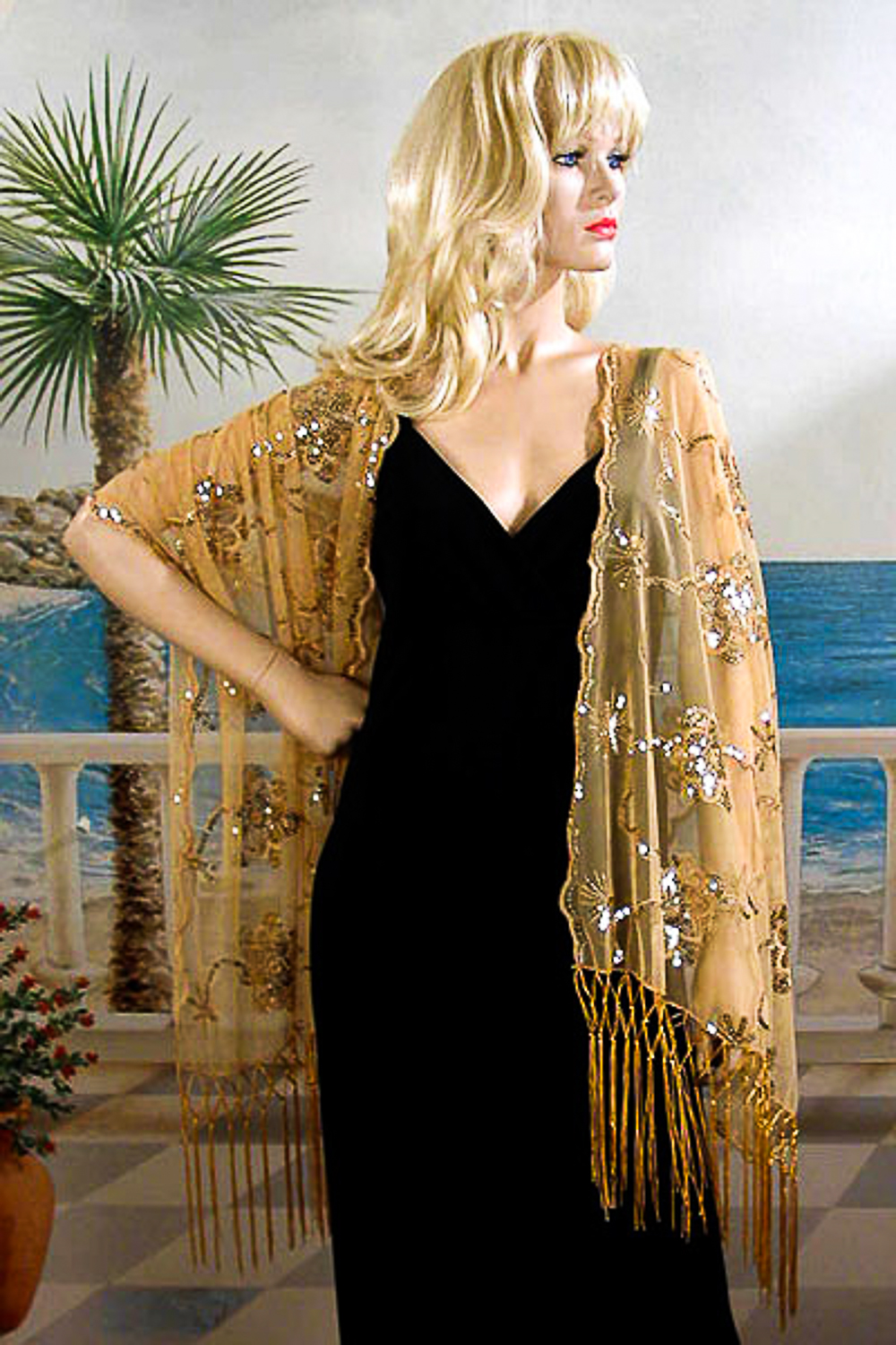 Sheer sequined Embroidered Oblong Shawl Wrap