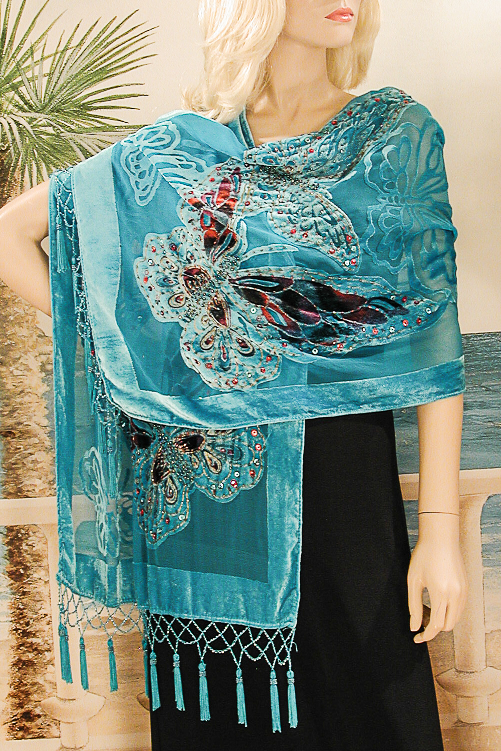Large Velvet Oblong Shawl with Butterfly Design, a fashion accessorie - Evening Elegance