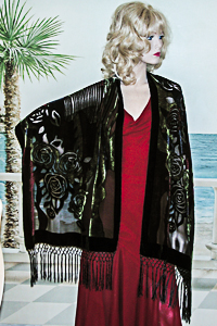 Black Burnout Velvet Shawl with Wine, Midnight and Olive