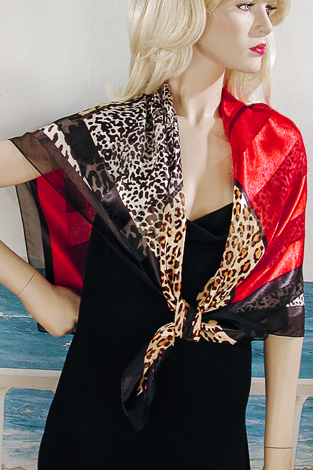 Large Animal Print and Red Blocked Scarf, a fashion accessorie - Evening Elegance