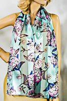Pink Flowers on Green Long Silky Scarf