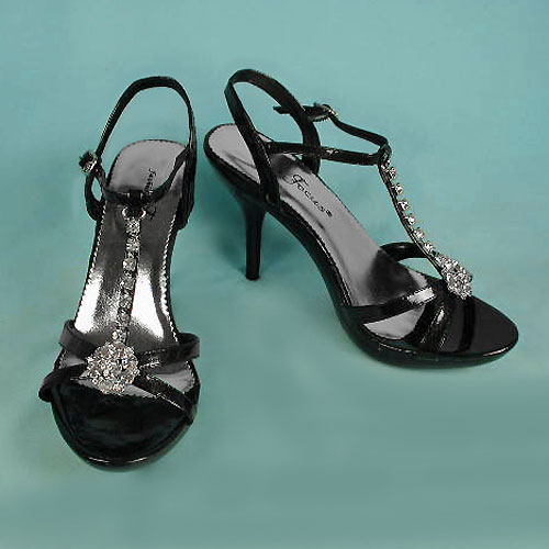Black Patent Rhinestone Ankle Strap Heels, a fashion accessorie - Evening Elegance